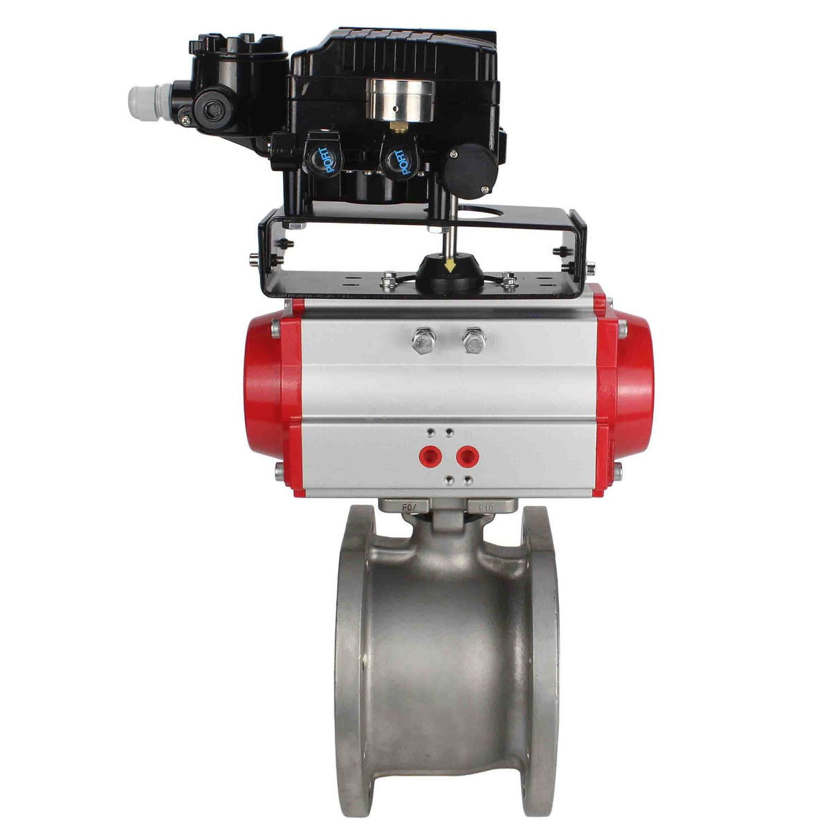 Robinet à boisseau sphérique en acier inoxydable Elephant kchmfp-elephant-sa-yt1000rsn, matériau du corps - acier inoxydable AISI 316, matériau de la bille - acier inoxydable AISI 316, joint - PTFE, actionné par actionneur pneumatique