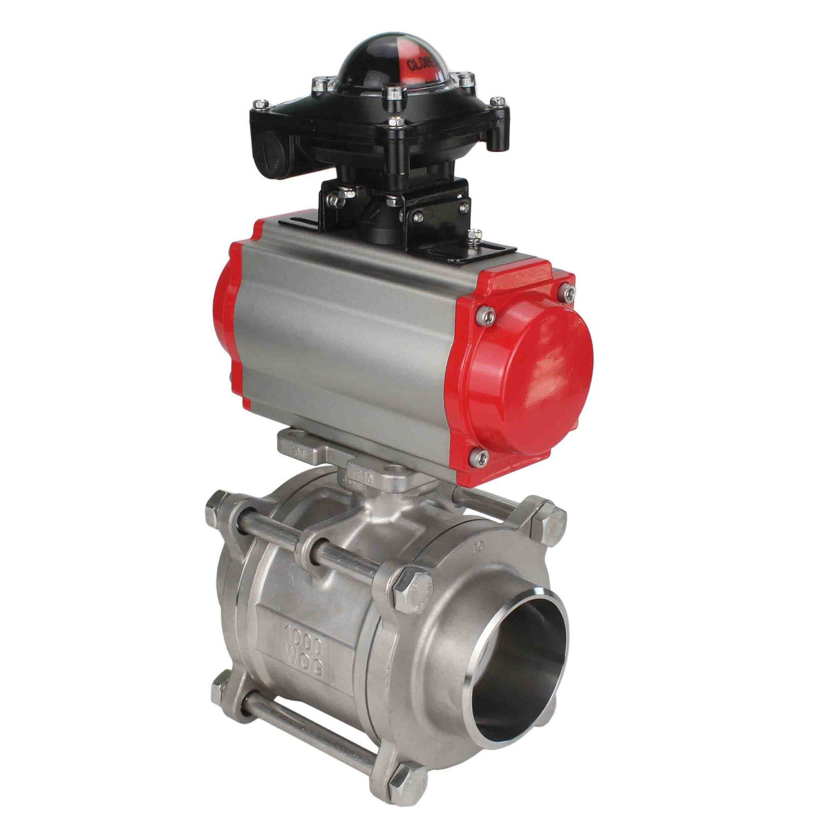 Robinet à boisseau sphérique en acier inoxydable Elephant kshpp-316200-da-apl210n, matériau du corps - acier inoxydable AISI 316, matériau de la bille - acier inoxydable AISI 316, joint - PTFE, actionné par actionneur pneumatique