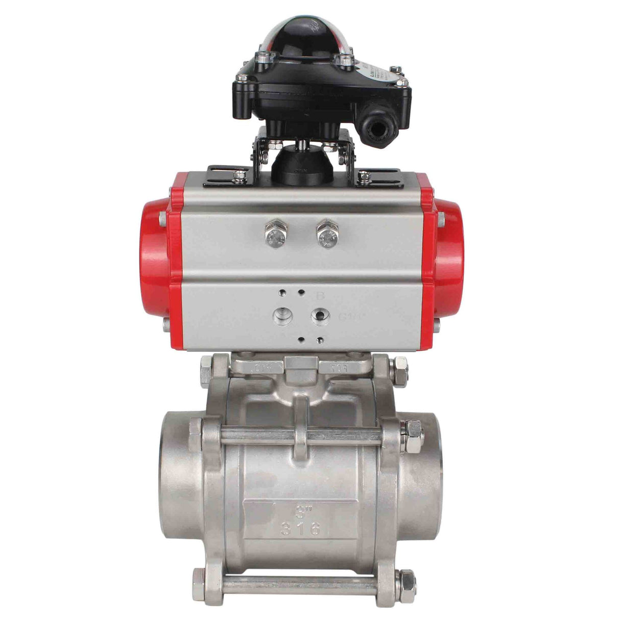 Robinet à boisseau sphérique en acier inoxydable Elephant kshpp-316200-da-apl210n, matériau du corps - acier inoxydable AISI 316, matériau de la bille - acier inoxydable AISI 316, joint - PTFE, actionné par actionneur pneumatique