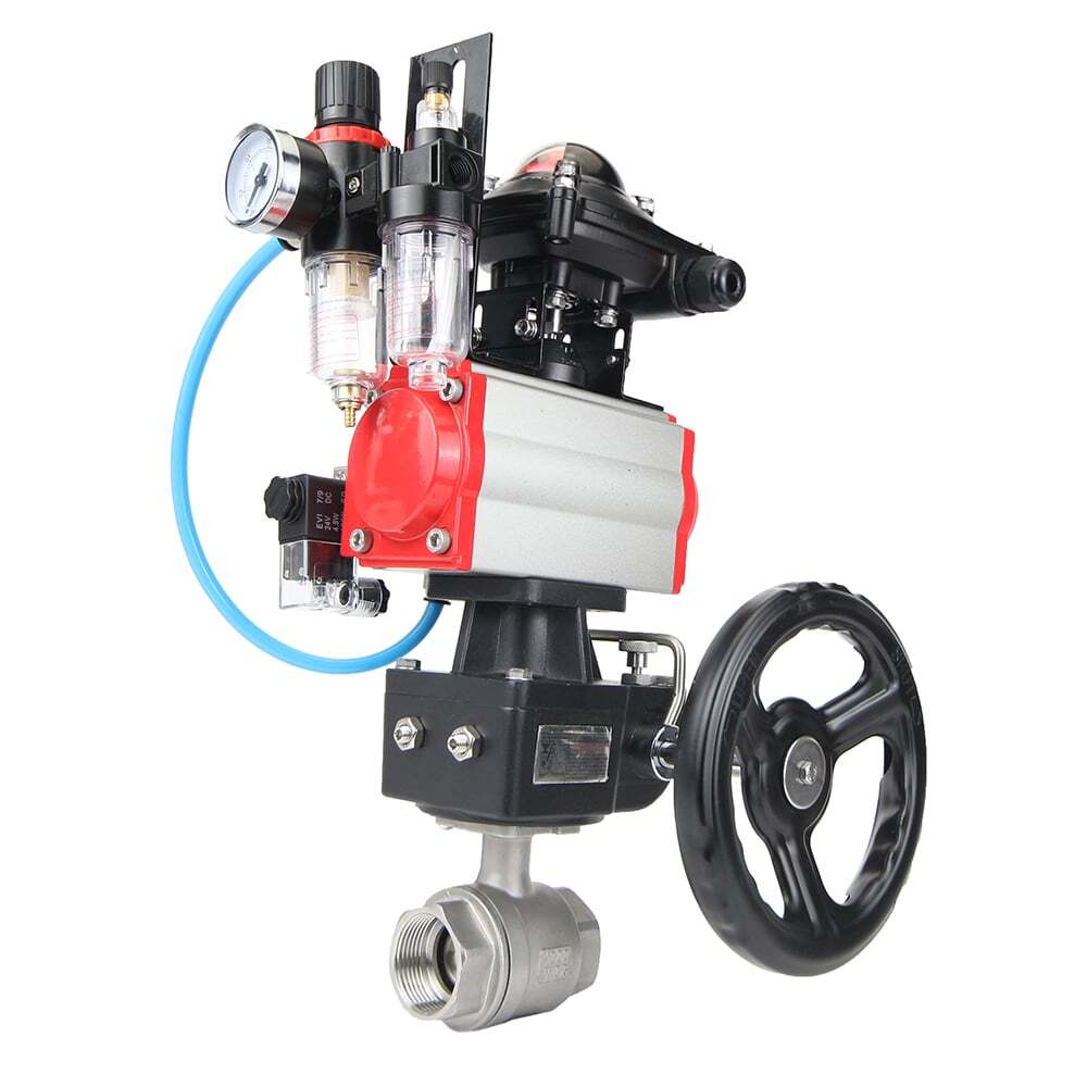 Stainless steel ball valve Elephant BVMP,316,230-ISO 63 bar, threaded, full port, body material - stainless steel AISI 316, with double-acting pneumatic actuator Elephant DA, pneumatic distributor 4M310-08 24V, limit switch block APL-410N EX, manual