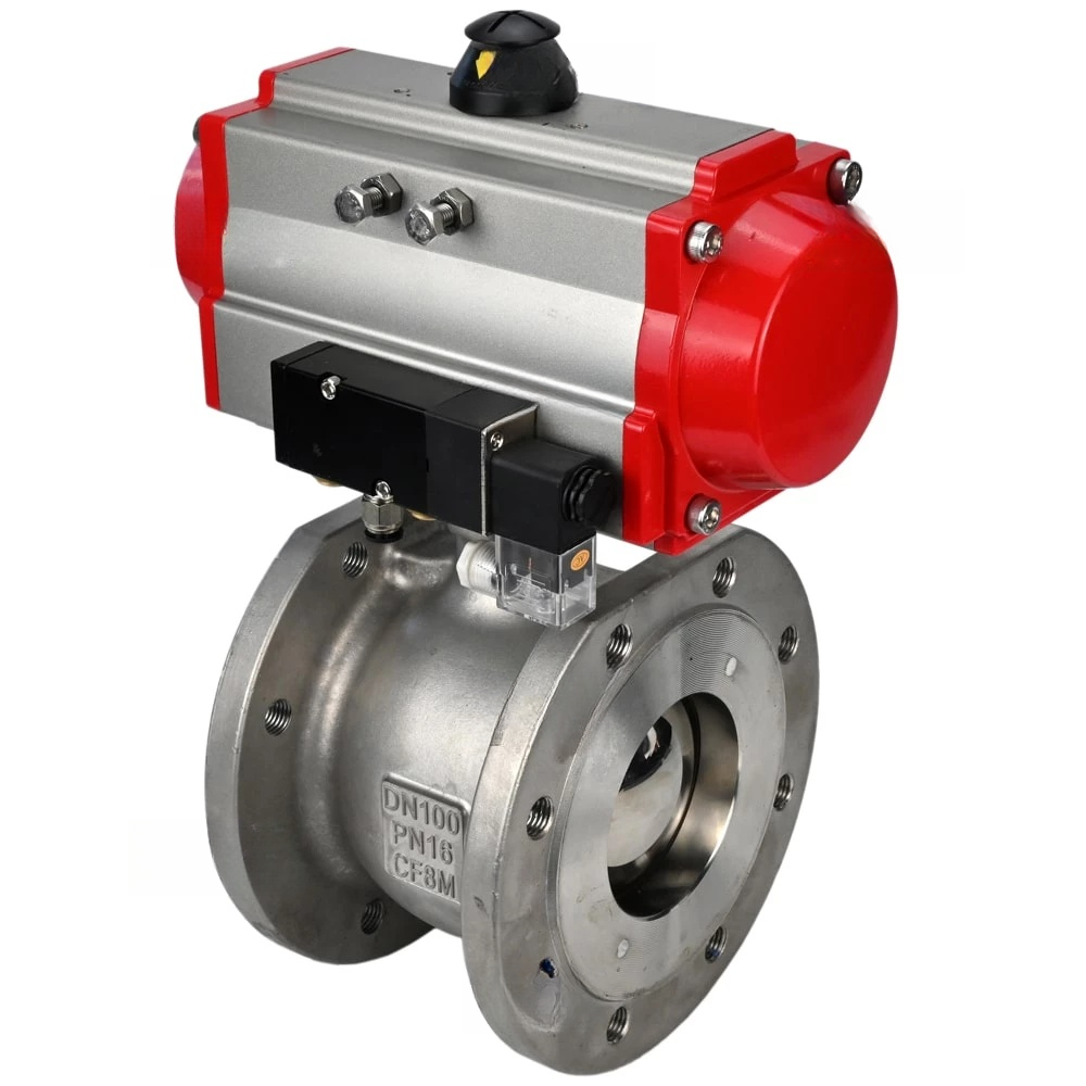 Ball valves Elephant BV3232P-FP-Fb-ISO-H DN15-100 16 bar stainless, full bore, double-acting PA-DA-052-105 pneumatic actuators with flange connections and 4M310-08 NAMUR 220V pneumatic distributor