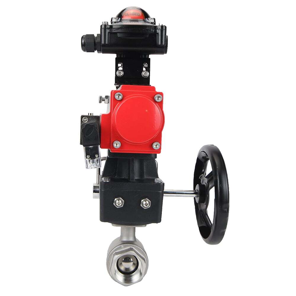 Robinet à boisseau sphérique en acier inoxydable Elephant kshmp316-elephant-da-4m310-110/220v-apl-210n-hdm, matériau du corps - acier inoxydable AISI 316, matériau de la bille - acier inoxydable AISI 316, joint - PTFE, actionné par actionneur pneumatique