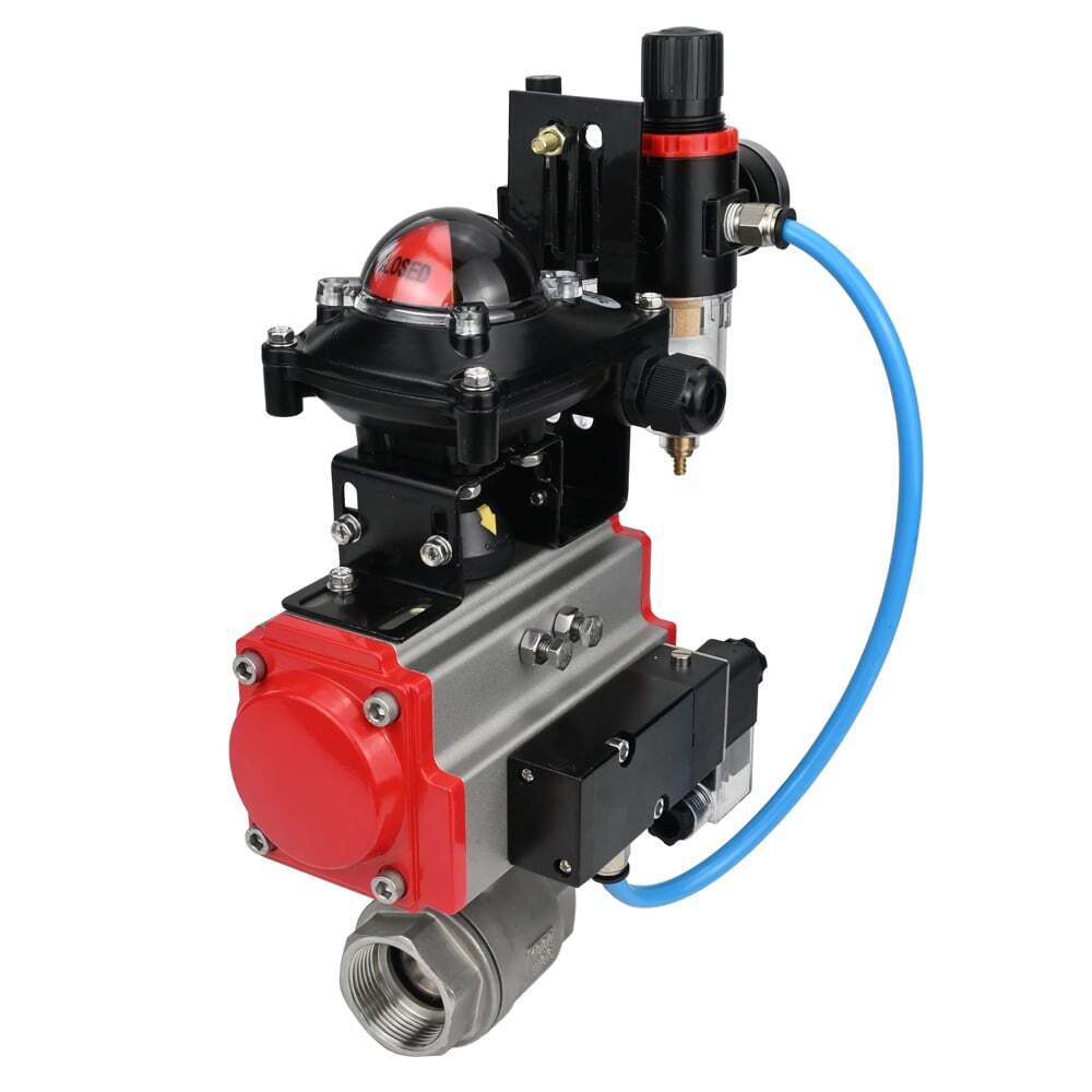 Robinet à boisseau sphérique en acier inoxydable Elephant kshmp316-elephant-sa-4m310-24-apl210n-afc2000, matériau du corps - acier inoxydable AISI 316, matériau de la bille - acier inoxydable AISI 316, joint - PTFE, actionné par actionneur pneumatique