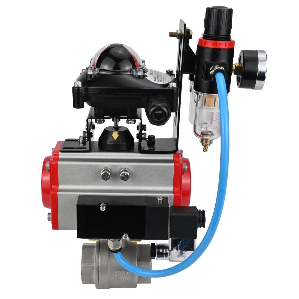 Stainless steel ball valve Elephant BVMP.316.230-ISO 63 bar, threaded, full port, body material - stainless steel AISI 316, with pneumatic actuator with return springs Elephant SA, pneumatic distributor 4M310-08 24V, limit switch block APL-410N EX, air