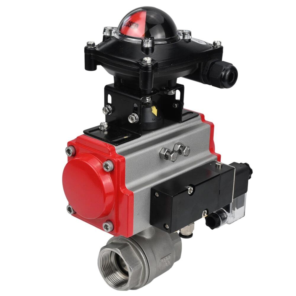 Robinet à boisseau sphérique en acier inoxydable Elephant kshmp316-elephant-da-4m310-110/220-apl210n, matériau du corps - acier inoxydable AISI 316, matériau de la bille - acier inoxydable AISI 316, joint - PTFE, actionné par actionneur pneumatique