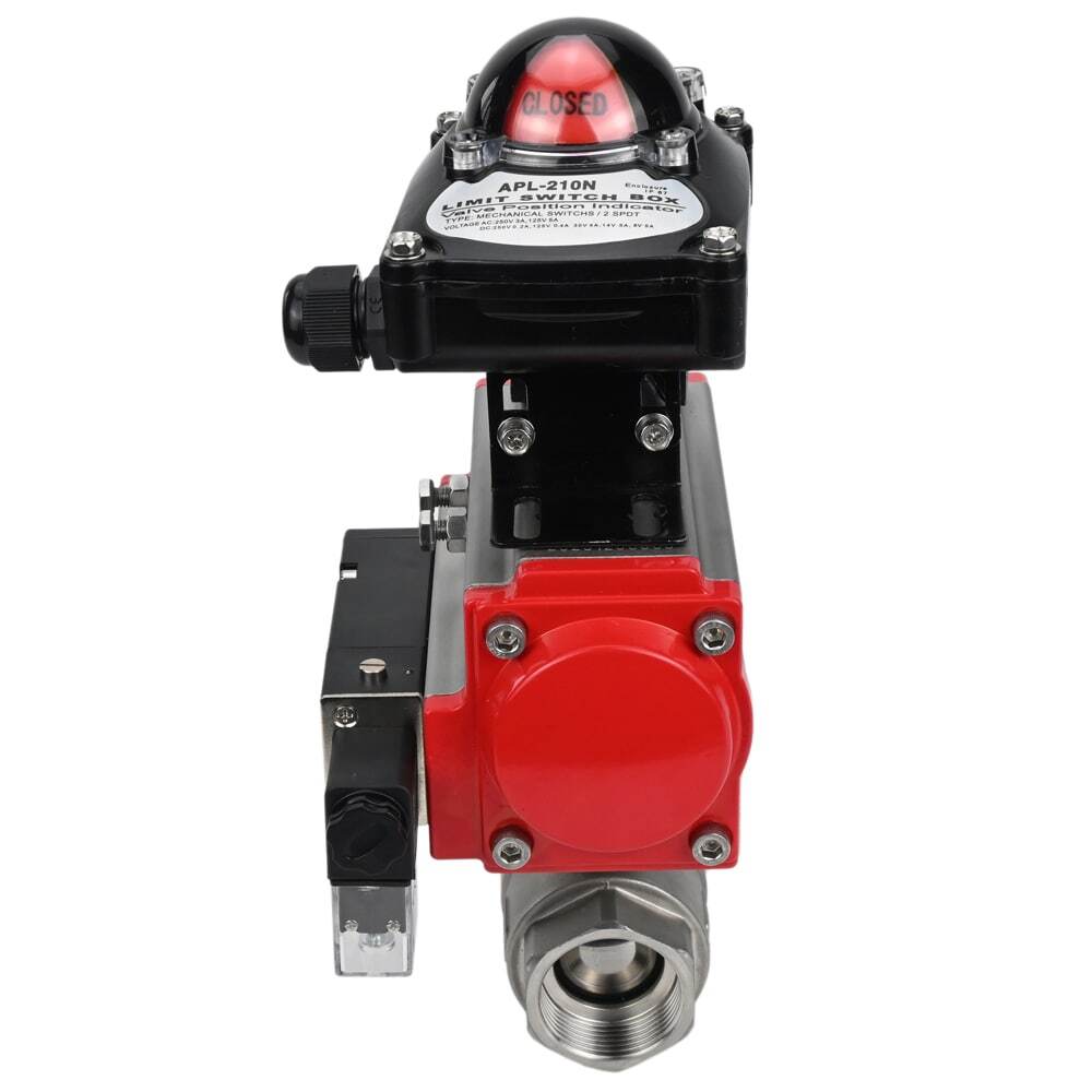 Stainless steel ball valve Elephant BVMP.316.230-ISO 63 bar, threaded, full port, body material - stainless steel AISI 316, with double-acting pneumatic actuator Elephant DA, pneumatic distributor 4M310-08 NAMUR  220V and limit switch block APL-410N EX