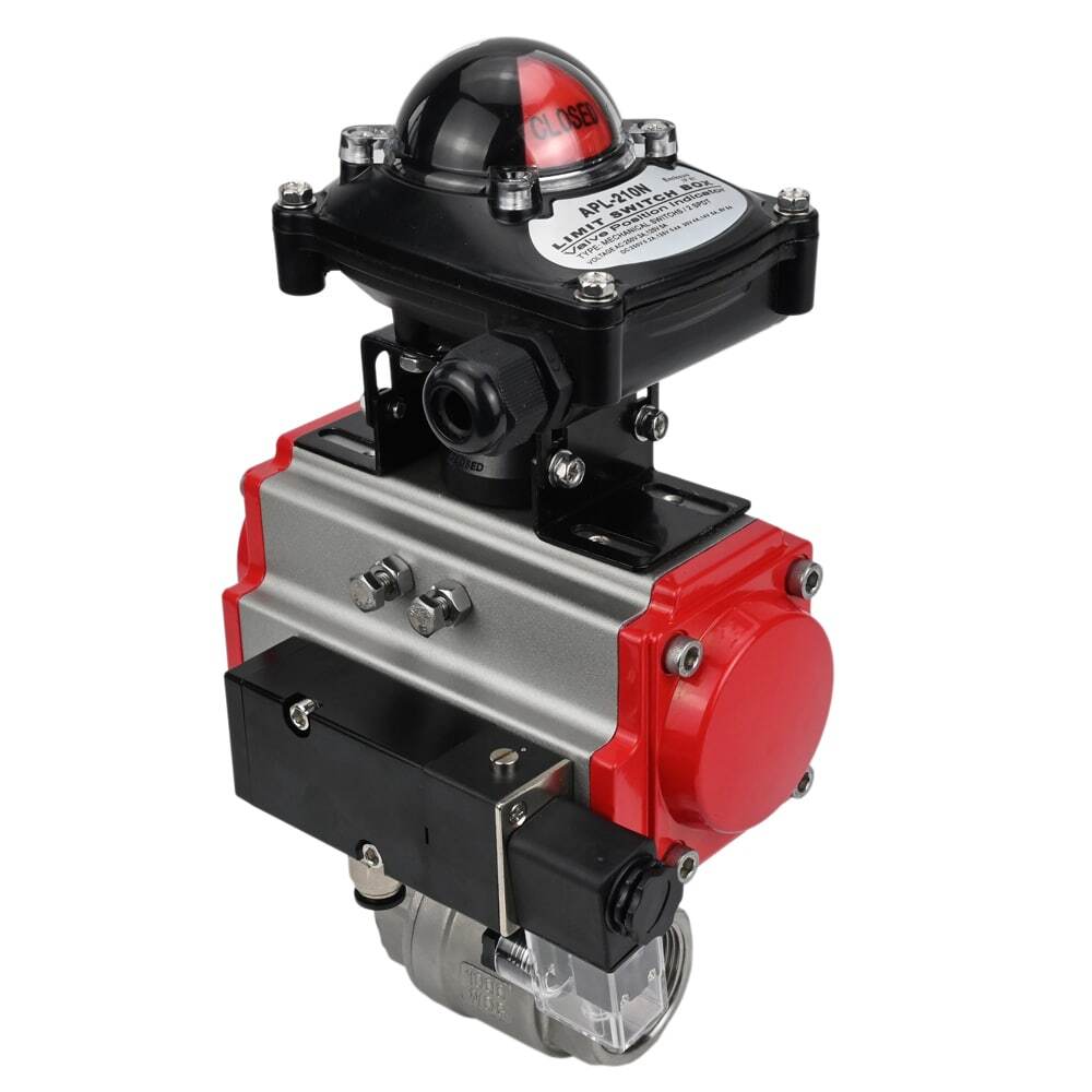 Stainless steel ball valve Elephant BVMP.316.230-ISO 914 PSI, threaded, full port, body material - stainless steel AISI 316, with double-acting pneumatic actuator Elephant DA, pneumatic distributor 4M310-08 24V, limit switch block APL-410N EX