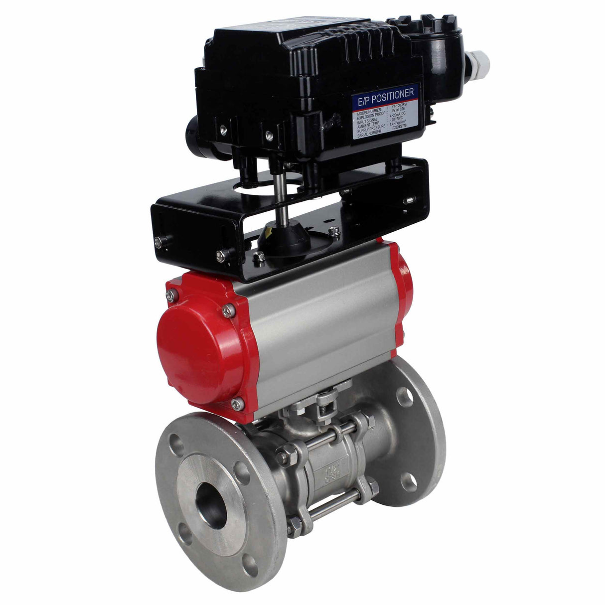 Robinet à boisseau sphérique en acier inoxydable Elephant ksfpt-304-180-sa-yt1000rsn, matériau du corps - acier inoxydable AISI 304, matériau de la bille - acier inoxydable AISI 304, joint - PTFE, actionné par actionneur pneumatique