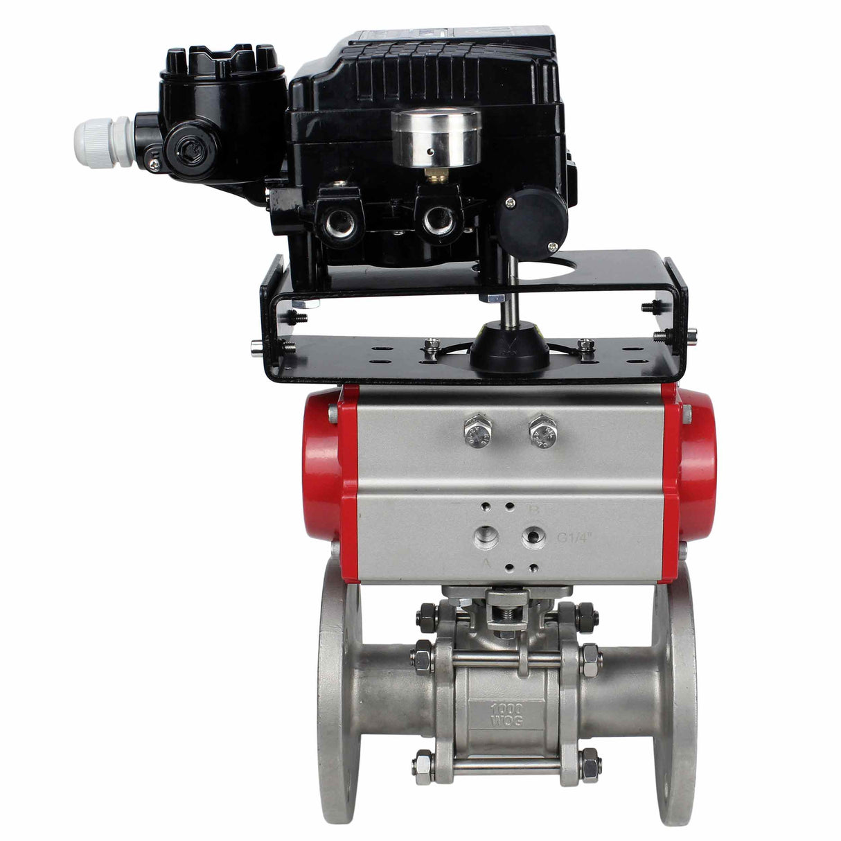 Robinet à boisseau sphérique en acier inoxydable Elephant ksfpt-316-180-sa-yt1000rsi, matériau du corps - acier inoxydable AISI 316, matériau de la bille - acier inoxydable AISI 316, joint - PTFE, actionné par actionneur pneumatique