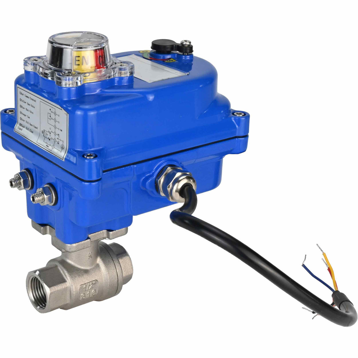 Vanne à boisseau sphérique en acier inoxydable Elephant BVMP.316.230-ISO PSI914 SS316 fileté, actionneur électrique quart de tour Elephant 003 bleu 24 V