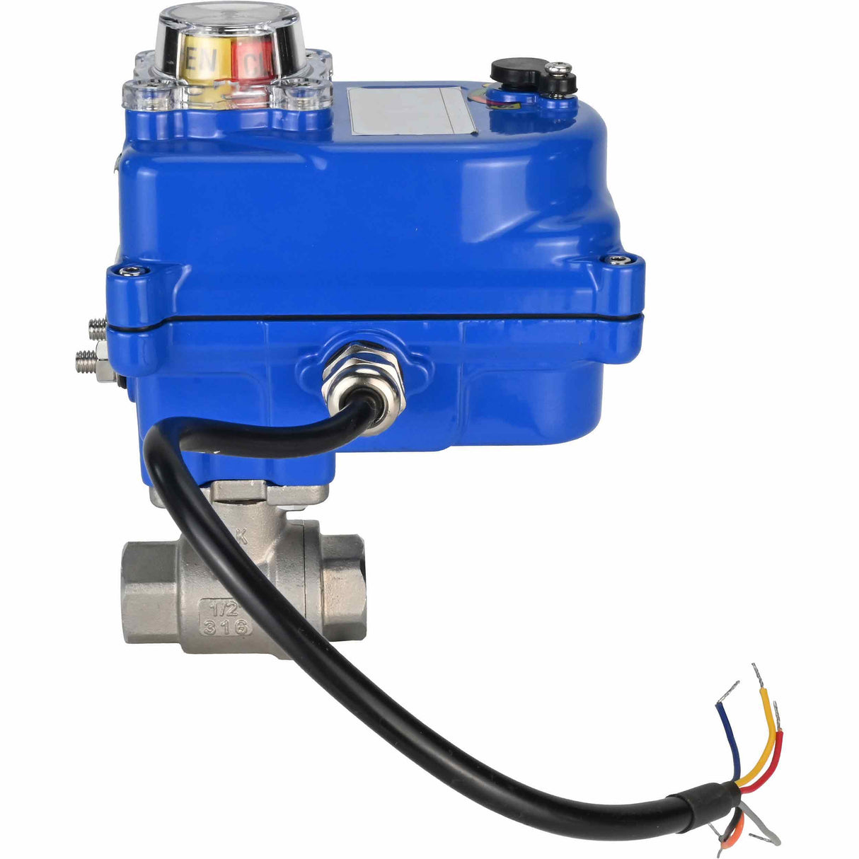 Vanne à boisseau sphérique en acier inoxydable Elephant BVMP.316.230-ISO PSI914 SS316 fileté, actionneur électrique quart de tour Elephant 003 bleu 24 V
