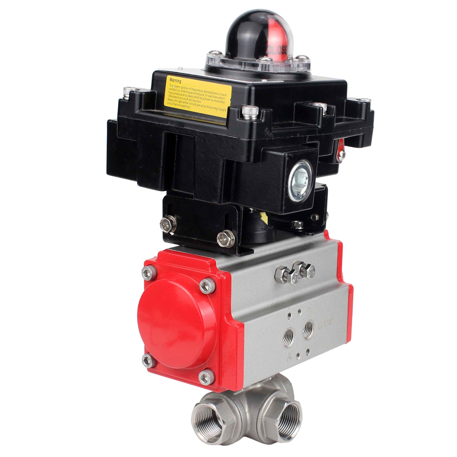 Robinet à boisseau sphérique en acier inoxydable Elephant RP.SS316.200.MM.ISO 914 PSI fileté, port standard, trois voies, type L, matériau du corps - acier inoxydable AISI 316, actionneur pneumatique DA, bloc de fin de course APL-410N EX