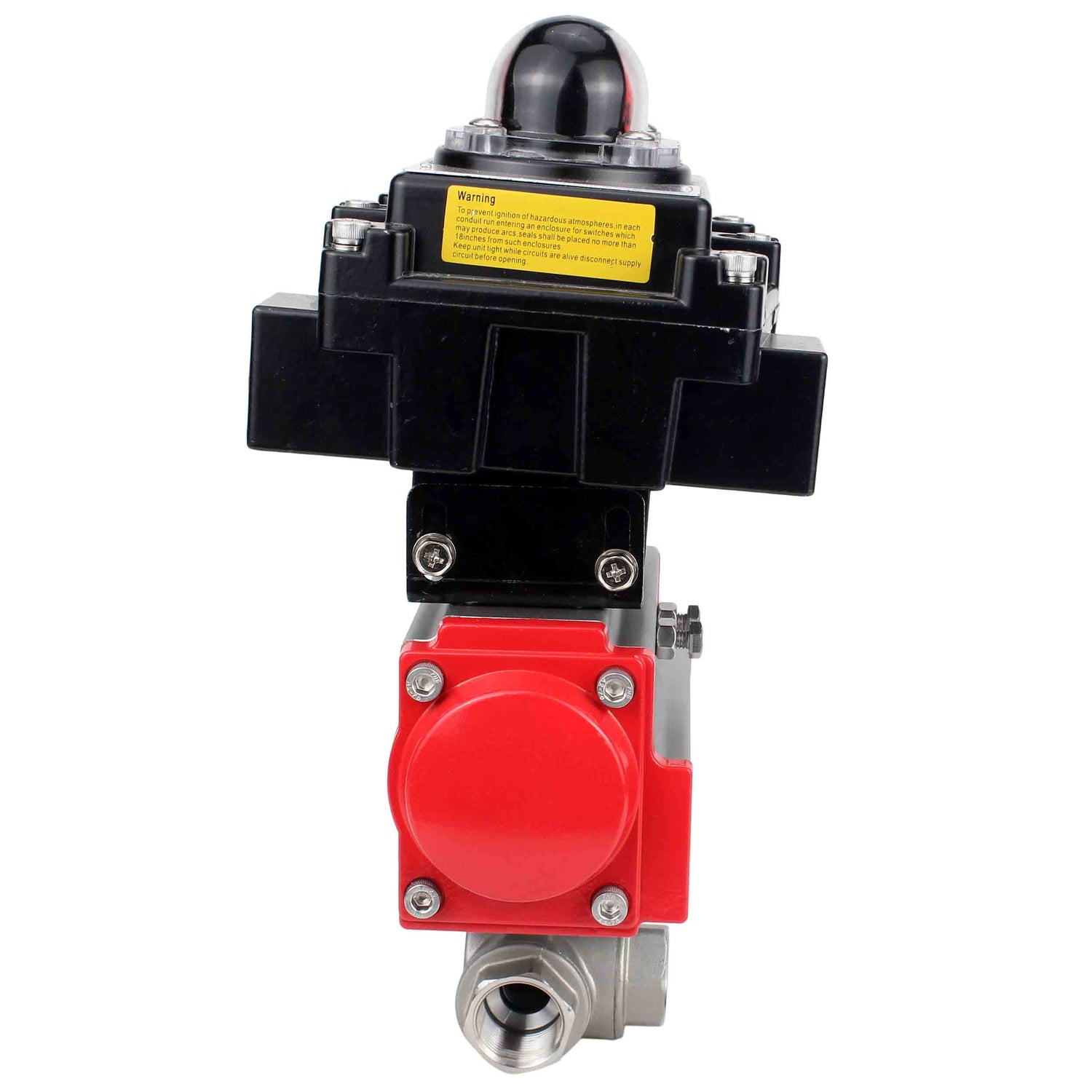 Robinet à boisseau sphérique en acier inoxydable Elephant RP.SS316.200.MM.ISO 914 PSI fileté, port standard, trois voies, type L, matériau du corps - acier inoxydable AISI 316, actionneur pneumatique DA, bloc de fin de course APL-410N EX