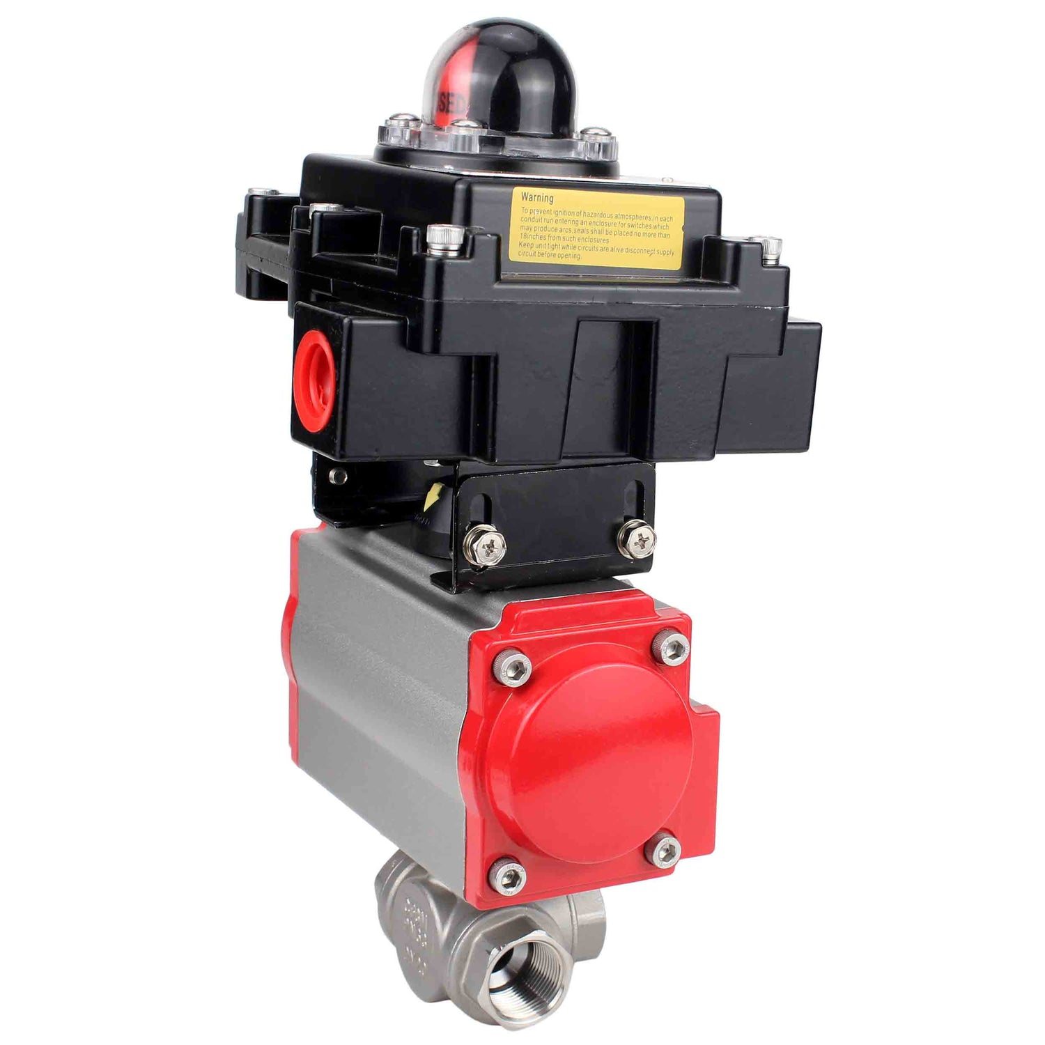 Robinet à boisseau sphérique en acier inoxydable Elephant RP.SS316.200.MM.ISO 914 PSI fileté, port standard, trois voies, type L, matériau du corps - acier inoxydable AISI 316, actionneur pneumatique DA, bloc de fin de course APL-410N EX