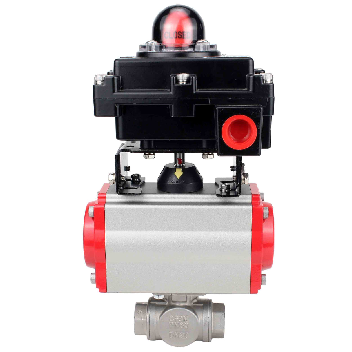 Robinet à boisseau sphérique en acier inoxydable Elephant RP.SS316.200.MM.ISO 914 PSI fileté, port standard, trois voies, type L, matériau du corps - acier inoxydable AISI 316, actionneur pneumatique DA, bloc de fin de course APL-410N EX