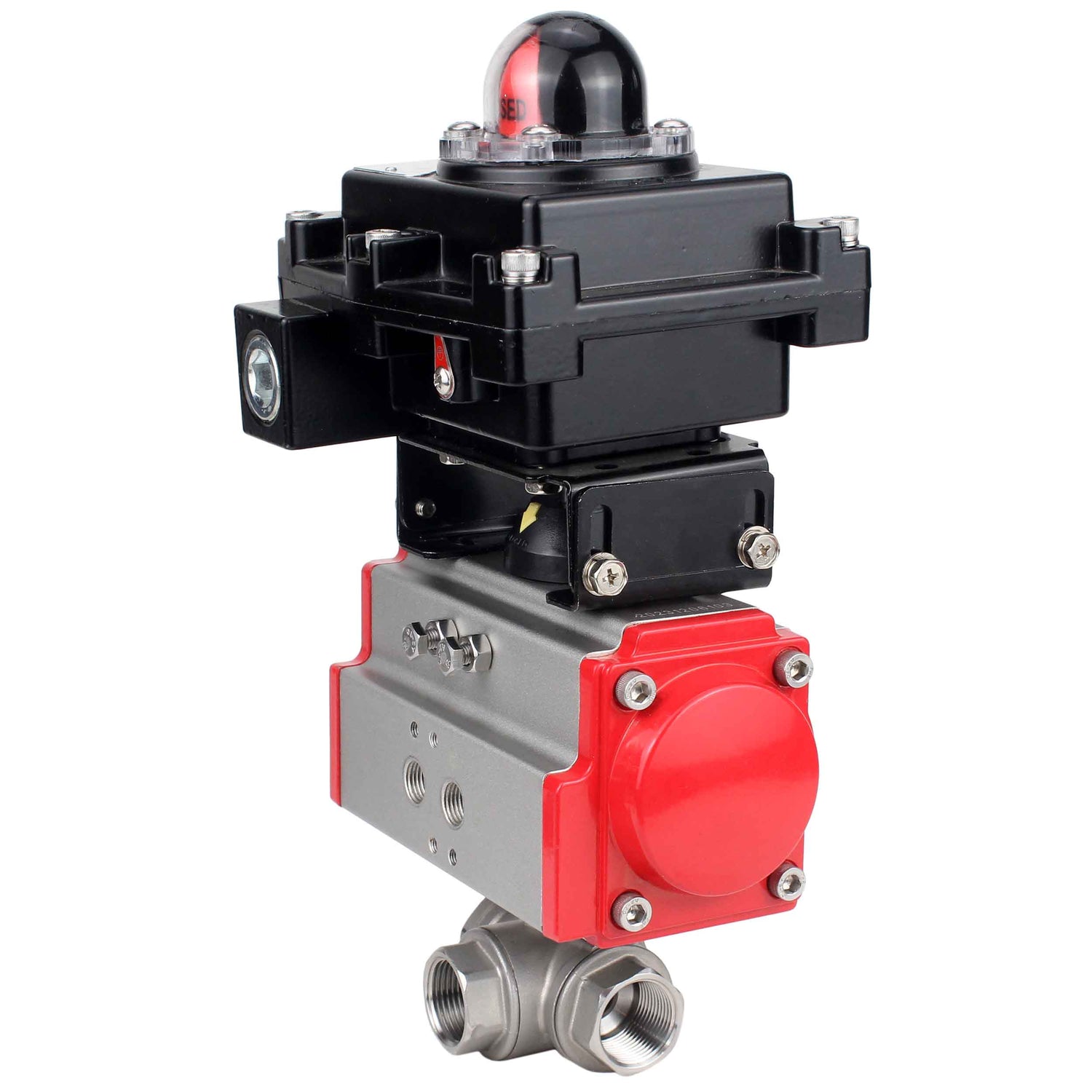 Robinet à boisseau sphérique en acier inoxydable Elephant RP.SS316.200.MM.ISO 914 PSI fileté, port standard, trois voies, type L, matériau du corps - acier inoxydable AISI 316, actionneur pneumatique DA, bloc de fin de course APL-410N EX