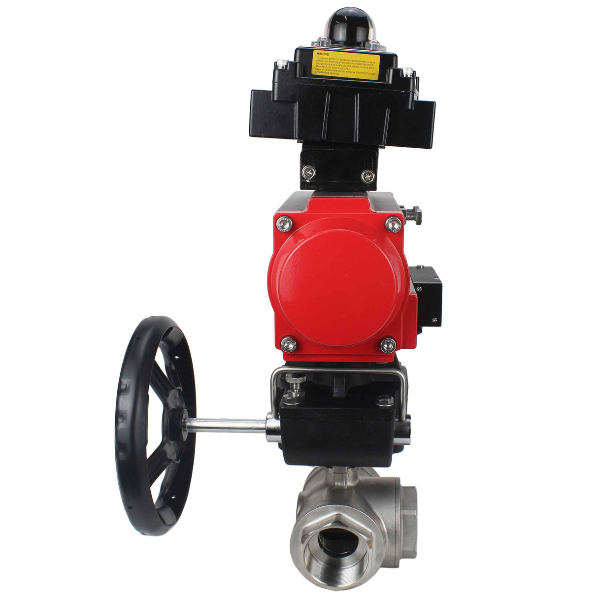 Stainless steel ball valve Elephant RP.SS316.200.MM.ISO 914 PSI threaded, standard port, three way, L-type, body material - stainless steel AISI 316, pneumatic actuator DA, pneumatic distributor 4M310-08 220V, limit switch block APL-410N EX, manual