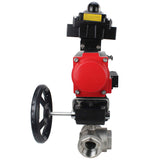 Stainless steel ball valve Elephant RP.SS316.200.MM.ISO 914 PSI threaded, standard port, three way, L-type, body material - stainless steel AISI 316, pneumatic actuator DA, pneumatic distributor 4M310-08 220V, limit switch block APL-410N EX, manual