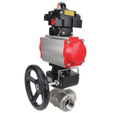 Stainless steel ball valve Elephant RP.SS316.200.MM.ISO 914 PSI threaded, standard port, three way, L-type, body material - stainless steel AISI 316, pneumatic actuator DA, pneumatic distributor 4M310-08 220V, limit switch block APL-410N EX, manual