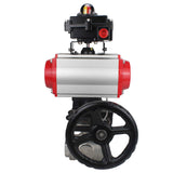 Stainless steel ball valve Elephant RP.SS316.200.MM.ISO 914 PSI threaded, standard port, three way, L-type, body material - stainless steel AISI 316, pneumatic actuator DA, pneumatic distributor 4M310-08 220V, limit switch block APL-410N EX, manual