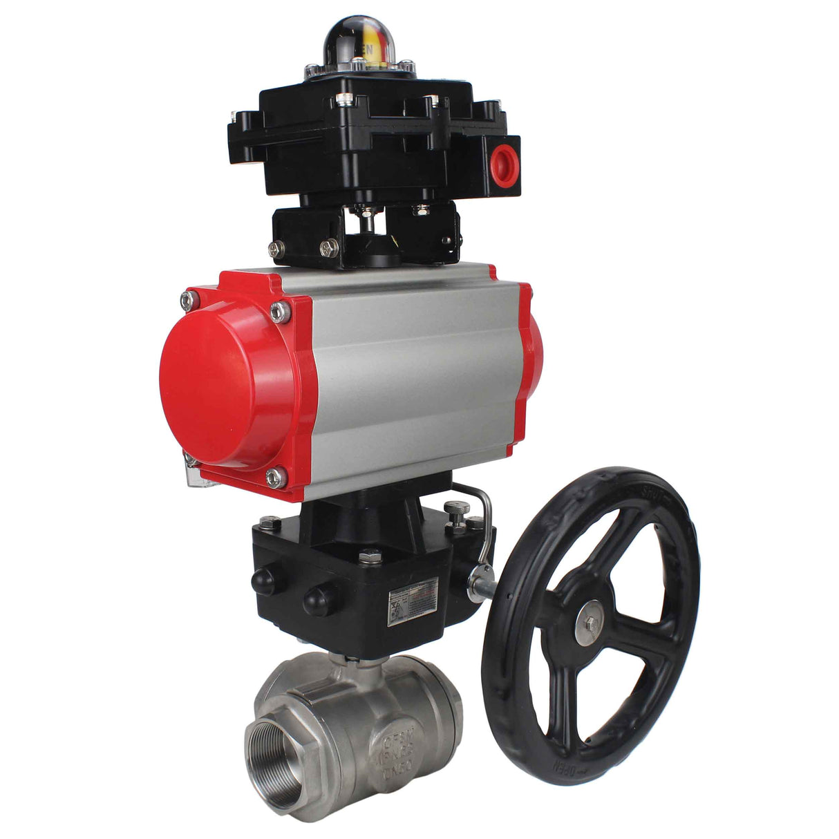 Stainless steel ball valve Elephant RP.SS316.200.MM.ISO 914 PSI threaded, standard port, three way, L-type, body material - stainless steel AISI 316, pneumatic actuator DA, pneumatic distributor 4M310-08 220V, limit switch block APL-410N EX, manual
