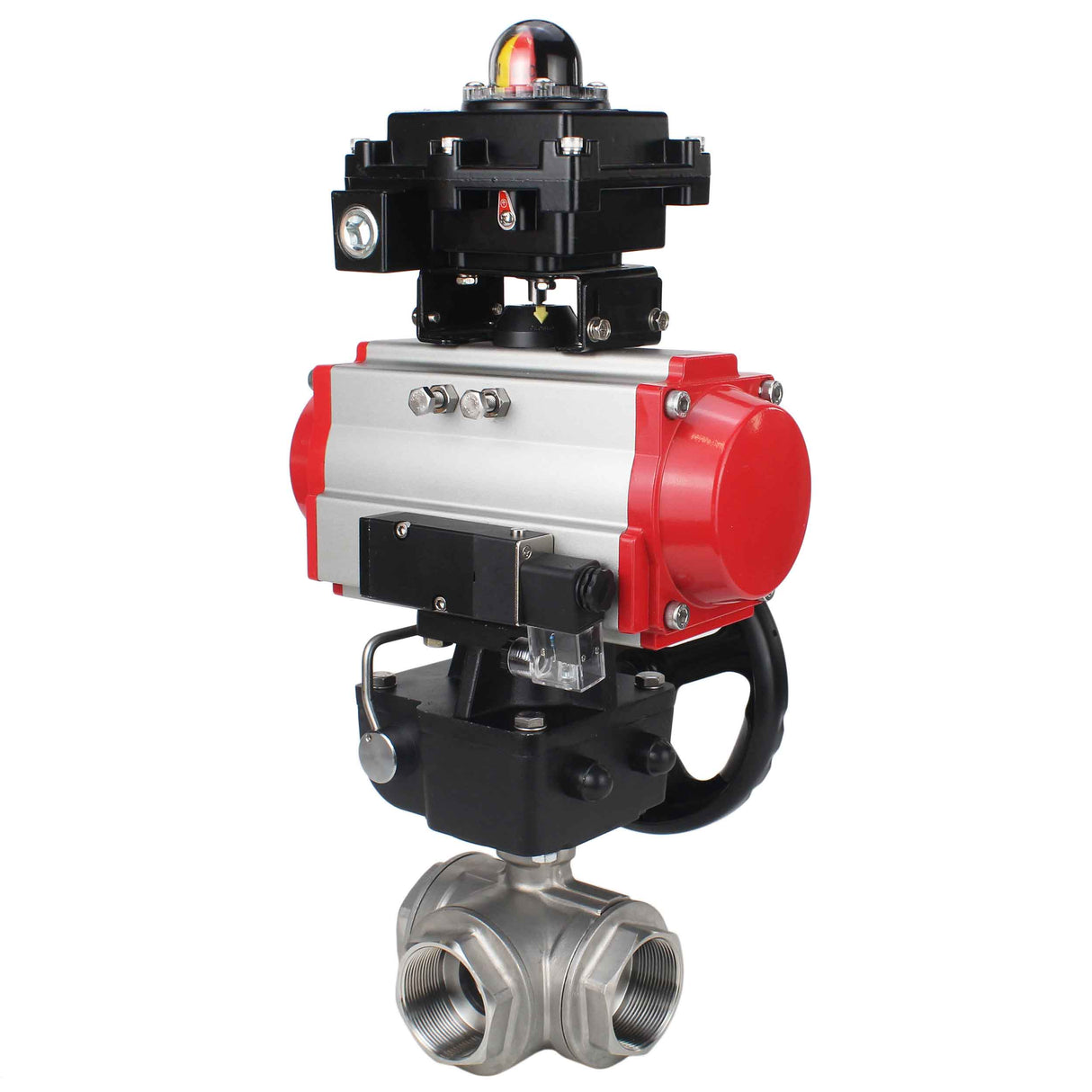 Stainless steel ball valve Elephant RP.SS316.200.MM.ISO 914 PSI threaded, standard port, three way, L-type, body material - stainless steel AISI 316, pneumatic actuator DA, pneumatic distributor 4M310-08 220V, limit switch block APL-410N EX, manual