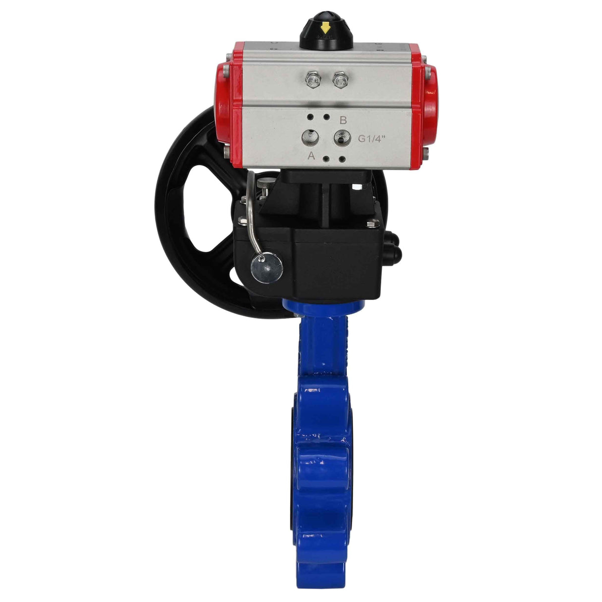 Vanne papillon d'eau Elephant WBV1631N-2W-Fb-H, matériau du corps - fonte QT450, matériau du disque - acier inoxydable AISI 304, joint - NBR, avec actionneur pneumatique double effet PA-DA, volant MON