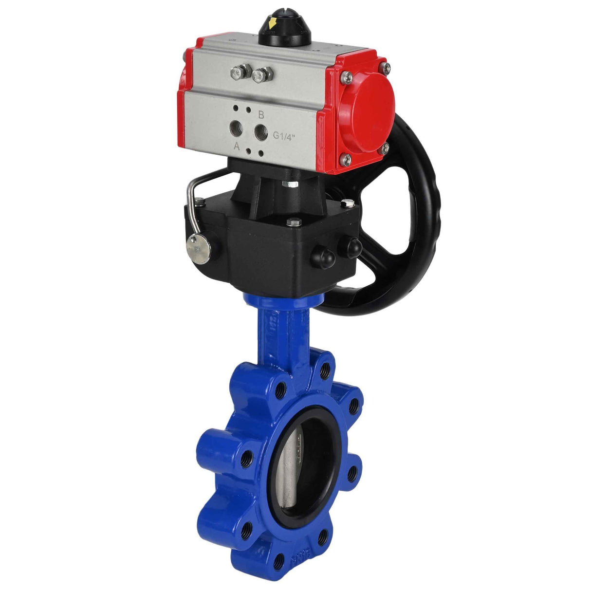 Vanne papillon d'eau Elephant WBV1631N-2W-Fb-H, matériau du corps - fonte QT450, matériau du disque - acier inoxydable AISI 304, joint - NBR, avec actionneur pneumatique double effet PA-DA, volant MON