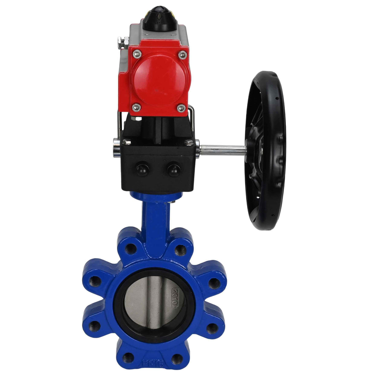 Vanne papillon d'eau Elephant WBV1631N-2W-Fb-H, matériau du corps - fonte QT450, matériau du disque - acier inoxydable AISI 304, joint - NBR, avec actionneur pneumatique double effet PA-DA, volant MON