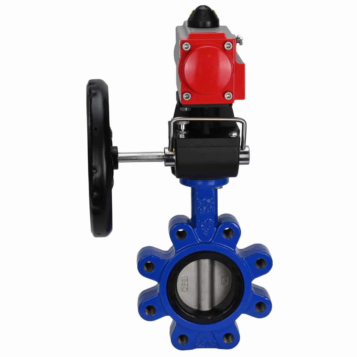 Vanne papillon d'eau Elephant WBV1631N-2W-Fb-H, matériau du corps - fonte QT450, matériau du disque - acier inoxydable AISI 304, joint - NBR, avec actionneur pneumatique double effet PA-DA, volant MON