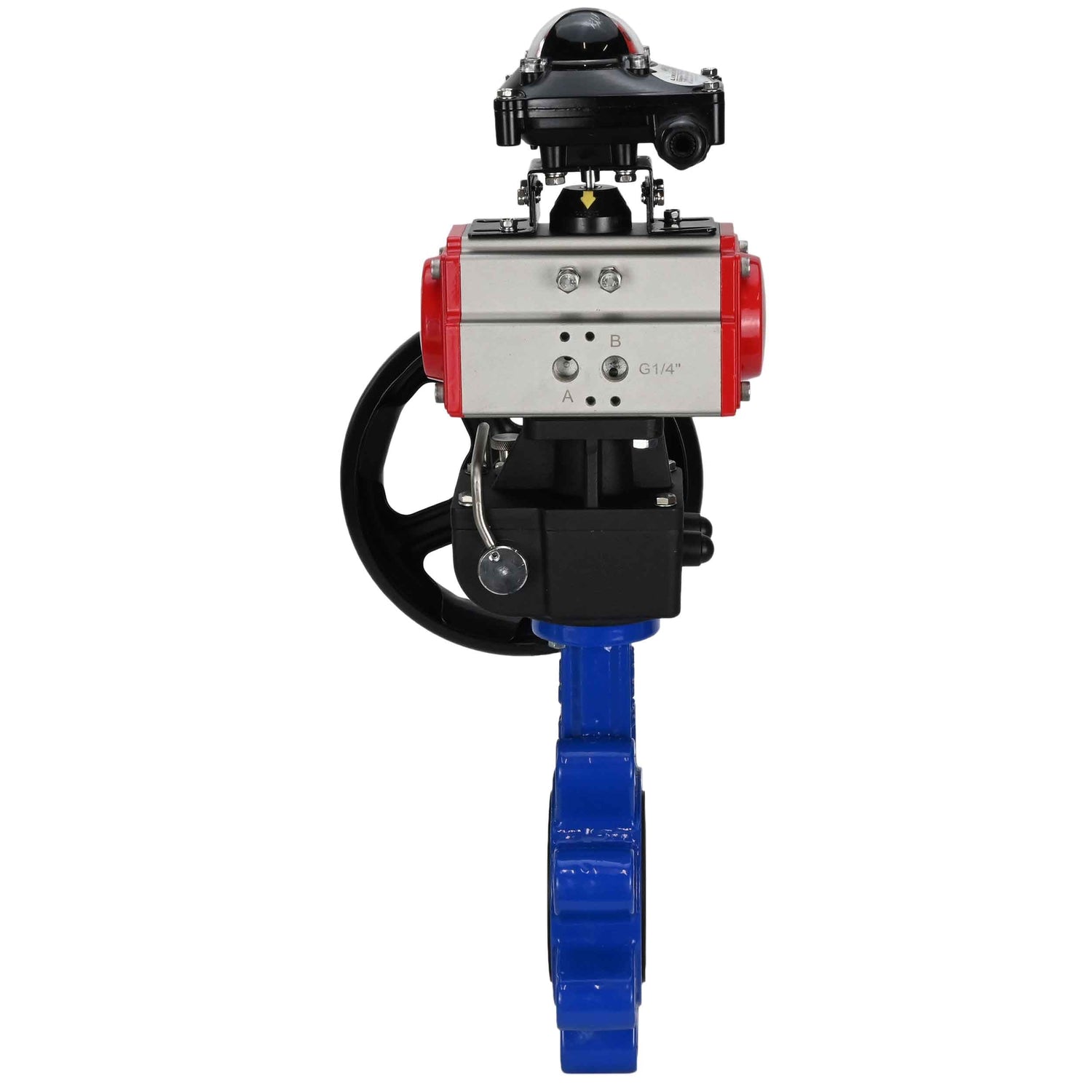 Vanne papillon d'eau Elephant WBV1631N-2W-Fb-H, matériau du corps - fonte QT450, matériau du disque - acier inoxydable AISI 304, joint - NBR, avec actionneur pneumatique double effet PA-DA, volant MON, BKV APL-210N