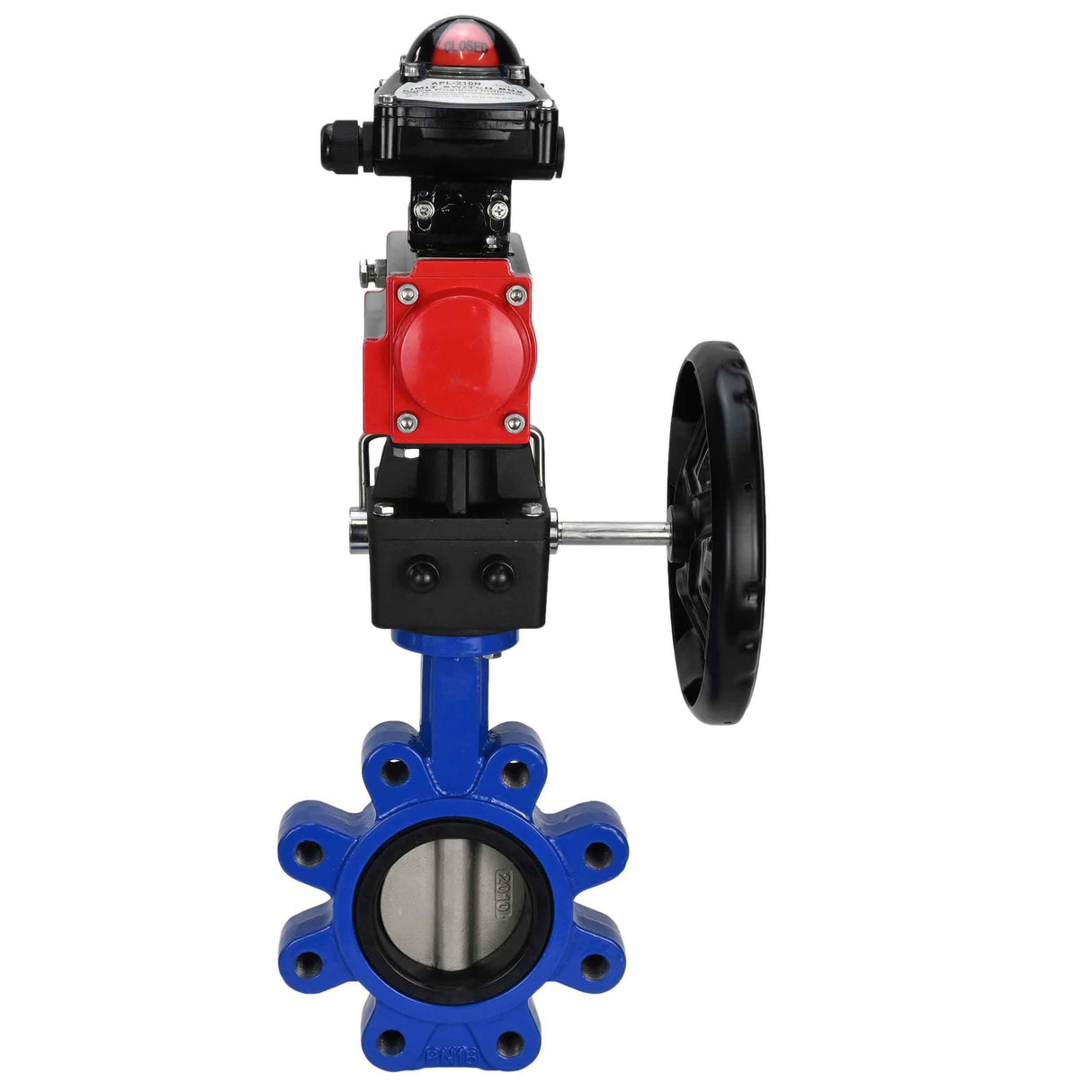 Vanne papillon d'eau Elephant WBV1631N-2W-Fb-H, matériau du corps - fonte QT450, matériau du disque - acier inoxydable AISI 304, joint - NBR, avec actionneur pneumatique double effet PA-DA, volant MON, BKV APL-210N