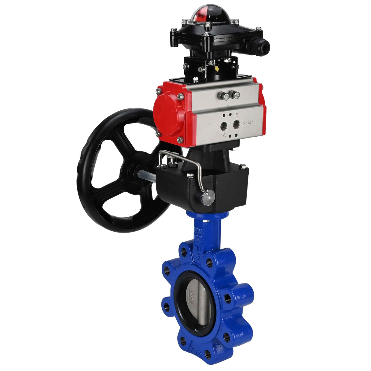 Vanne papillon d'eau Elephant WBV1631N-2W-Fb-H, matériau du corps - fonte QT450, matériau du disque - acier inoxydable AISI 304, joint - NBR, avec actionneur pneumatique double effet PA-DA, volant MON, BKV APL-210N