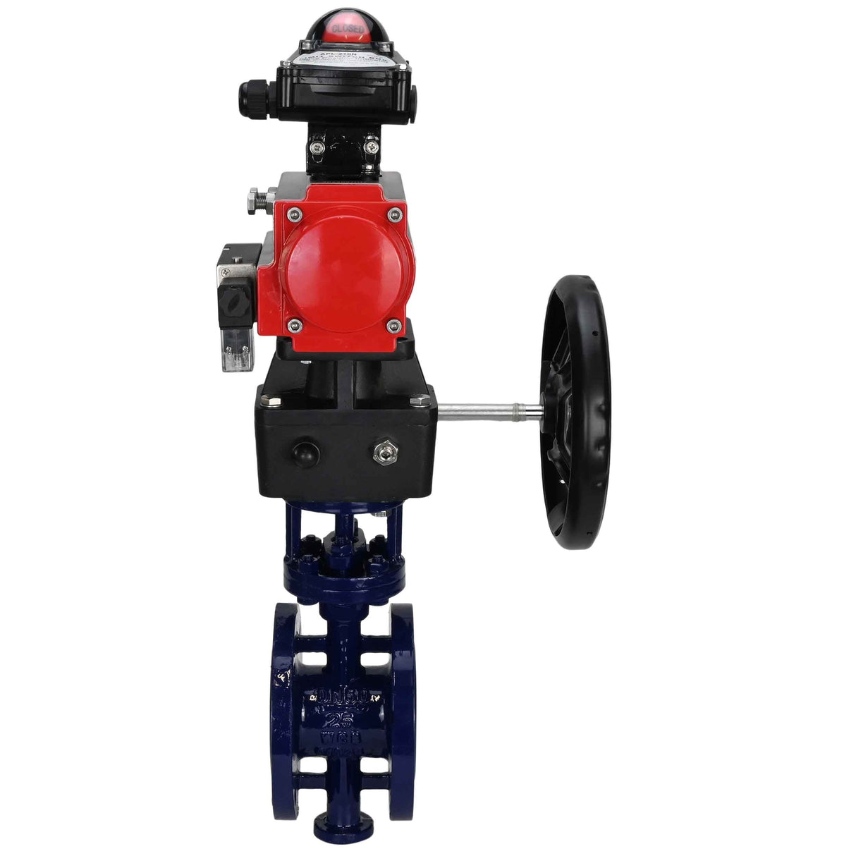 Vanne papillon d'eau Elephant WBV3EX-3432M-1W-F-ISO, matériau du corps - Acier au carbone, matériau du disque - Acier inoxydable AISI 316, joint - Métal, actionneur pneumatique PA-DA double action, 4M310-08 24V, BKV APL-210N, volant MON