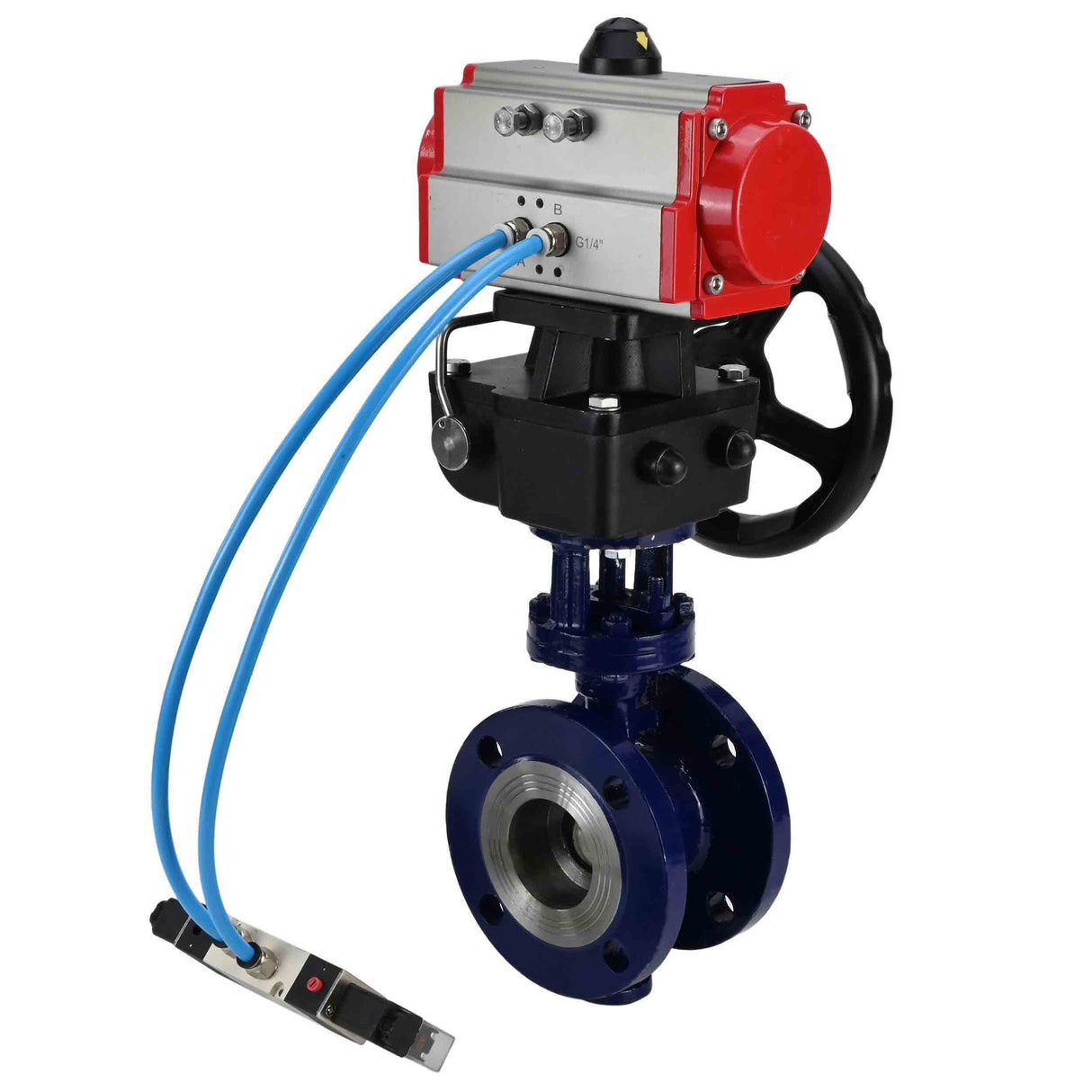 Vanne papillon d'eau Elephant WBV3EX-3432M-1W-F-ISO, matériau du corps - Acier au carbone, matériau du disque - Acier inoxydable AISI 316, joint - Métal, actionneur pneumatique PA-DA double action, volant 4V320-10 220V MON,