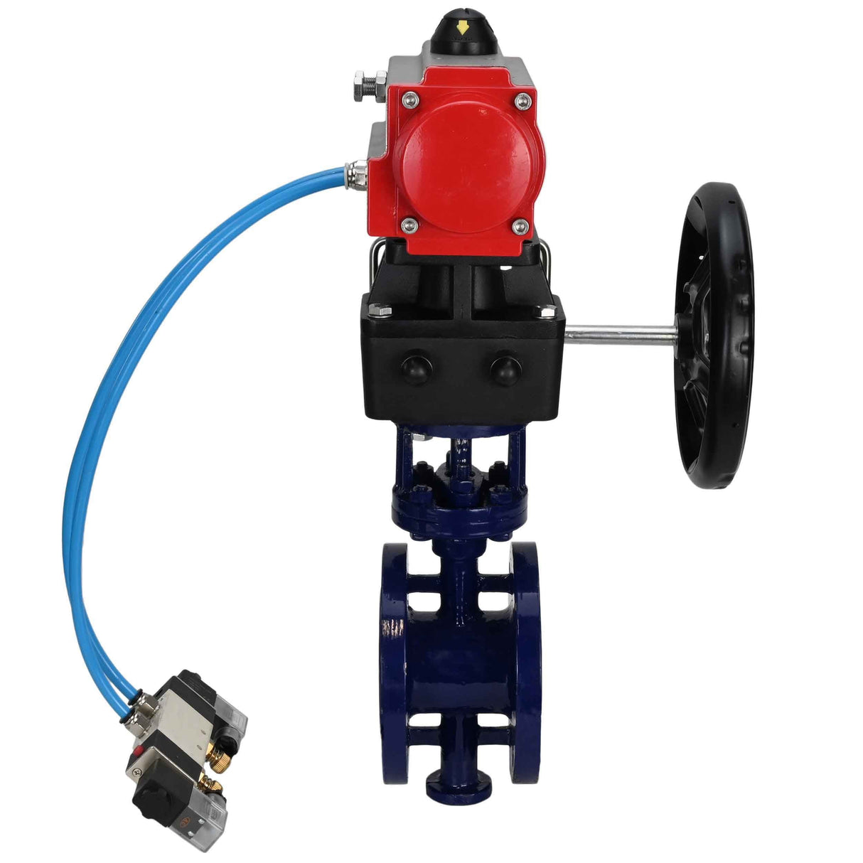 Vanne papillon d'eau Elephant WBV3EX-3432M-1W-F-ISO, matériau du corps - Acier au carbone, matériau du disque - Acier inoxydable AISI 316, joint - Métal, actionneur pneumatique PA-DA double action, volant manuel 4V320-08 220V MON