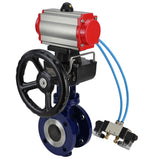 Vanne papillon d'eau Elephant WBV3EX-3432M-1W-F-ISO, matériau du corps - Acier au carbone, matériau du disque - Acier inoxydable AISI 316, joint - Métal, actionneur pneumatique PA-DA double action, volant manuel 4V320-08 220V MON