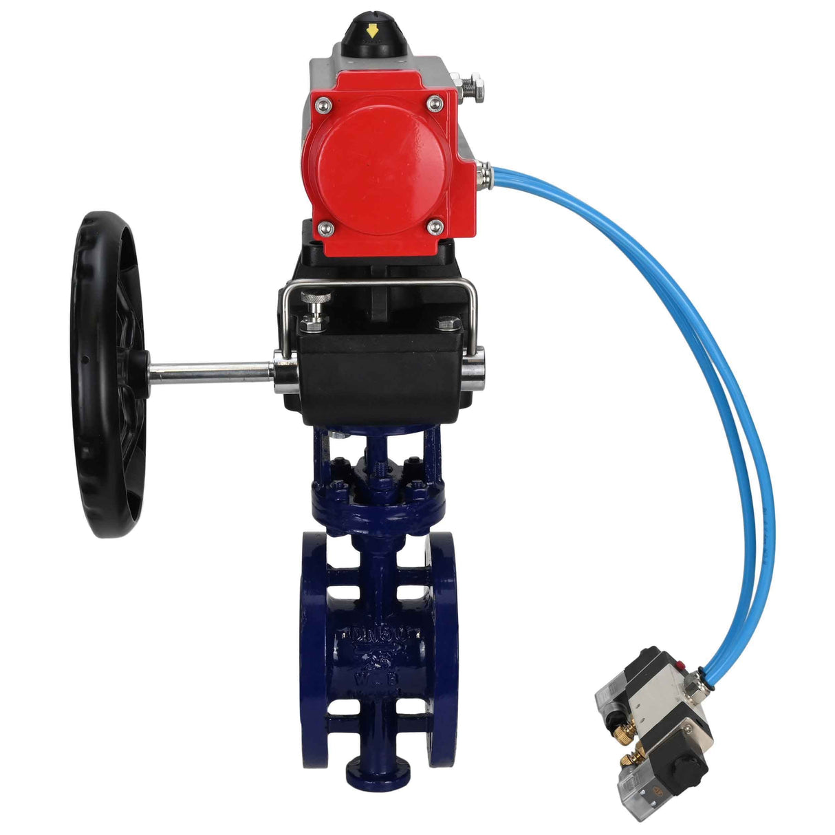Vanne papillon d'eau Elephant WBV3EX-3432M-1W-F-ISO, matériau du corps - Acier au carbone, matériau du disque - Acier inoxydable AISI 316, joint - Métal, actionneur pneumatique PA-DA double action, volant manuel 4V320-08 220V MON