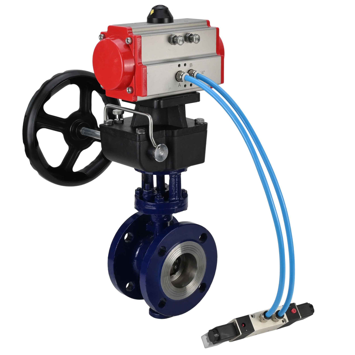 Vanne papillon d'eau Elephant WBV3EX-3432M-1W-F-ISO, matériau du corps - Acier au carbone, matériau du disque - Acier inoxydable AISI 316, joint - Métal, actionneur pneumatique PA-DA double action, volant 4V320-10 220V MON,