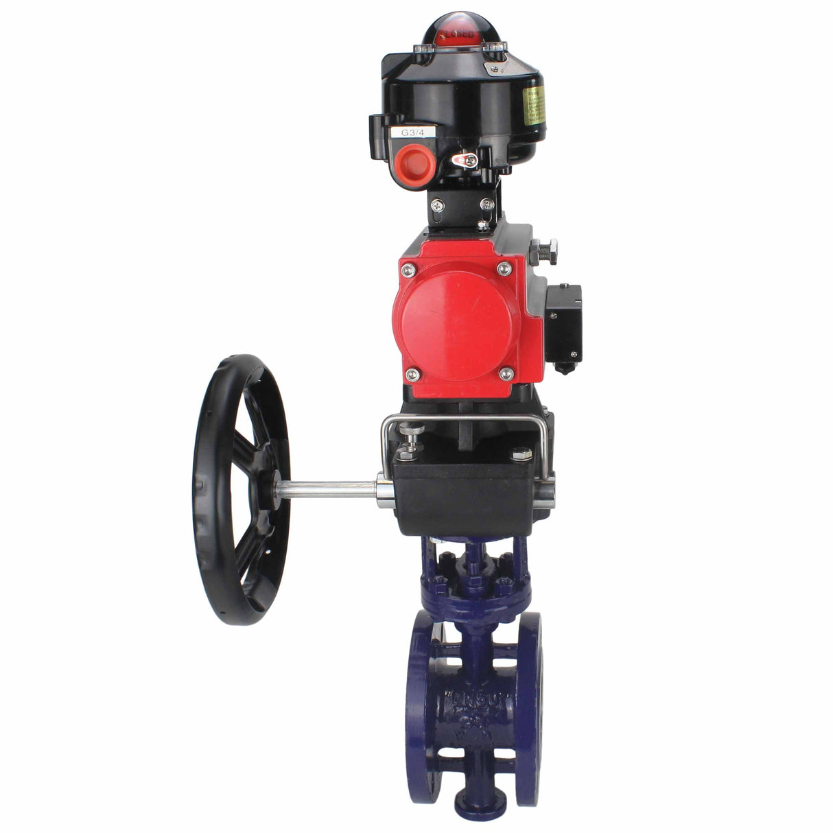 Vanne papillon d'eau Elephant WBV3EX-3432M-1W-F-ISO, matériau du corps - Acier au carbone, matériau du disque - Acier inoxydable AISI 316, joint - Métal, actionneur pneumatique PA-DA double action, 4M310-08 220V, BKV APL-510N EX, volant MON