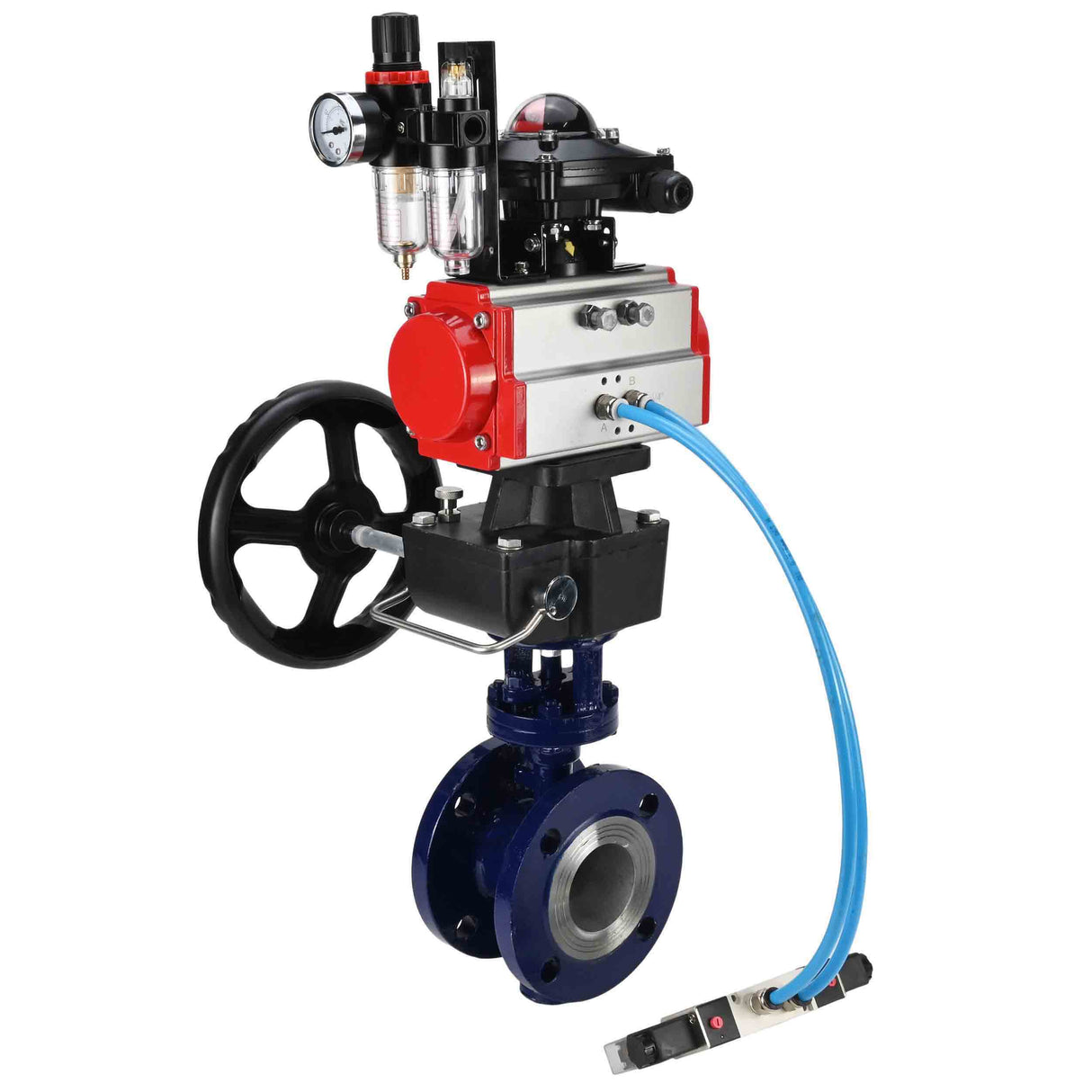 Vanne papillon d'eau Elephant WBV3EX-3432M-1W-F-ISO, matériau du corps - Acier au carbone, matériau du disque - Acier inoxydable AISI 316, joint - Métal, actionneur pneumatique PA-DA double action, 4V320-08 220V, BKV APL-210N, volant MON, BPV AFC2000