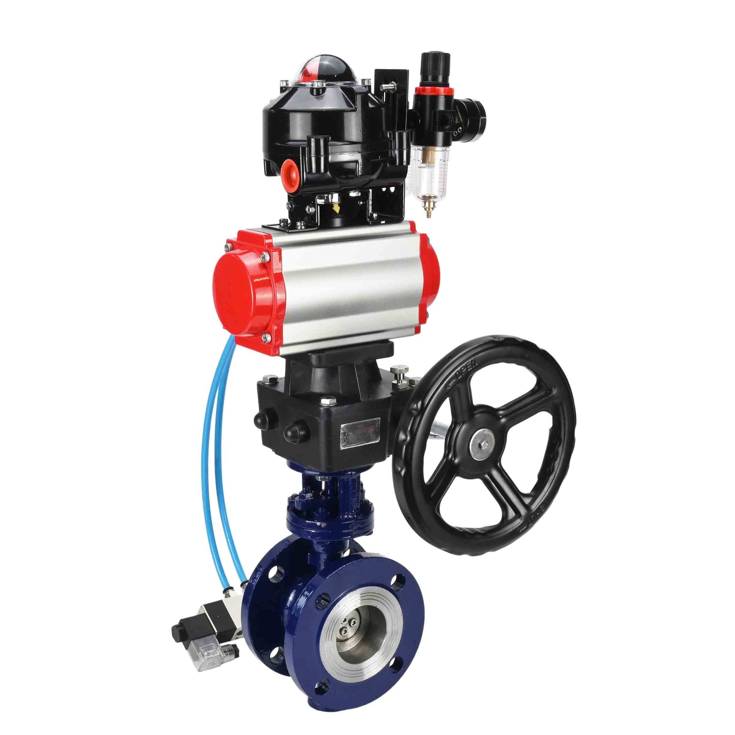 Vanne papillon d'eau Elephant WBV3EX-3431M-1W-F-ISO, matériau du corps - Acier au carbone, matériau du disque - Acier inoxydable AISI 304, joint - Métal, actionneur pneumatique PA-DA double action, 4V320-08 220V, BKV APL-510N EX, volant MON, BPV AFC2000