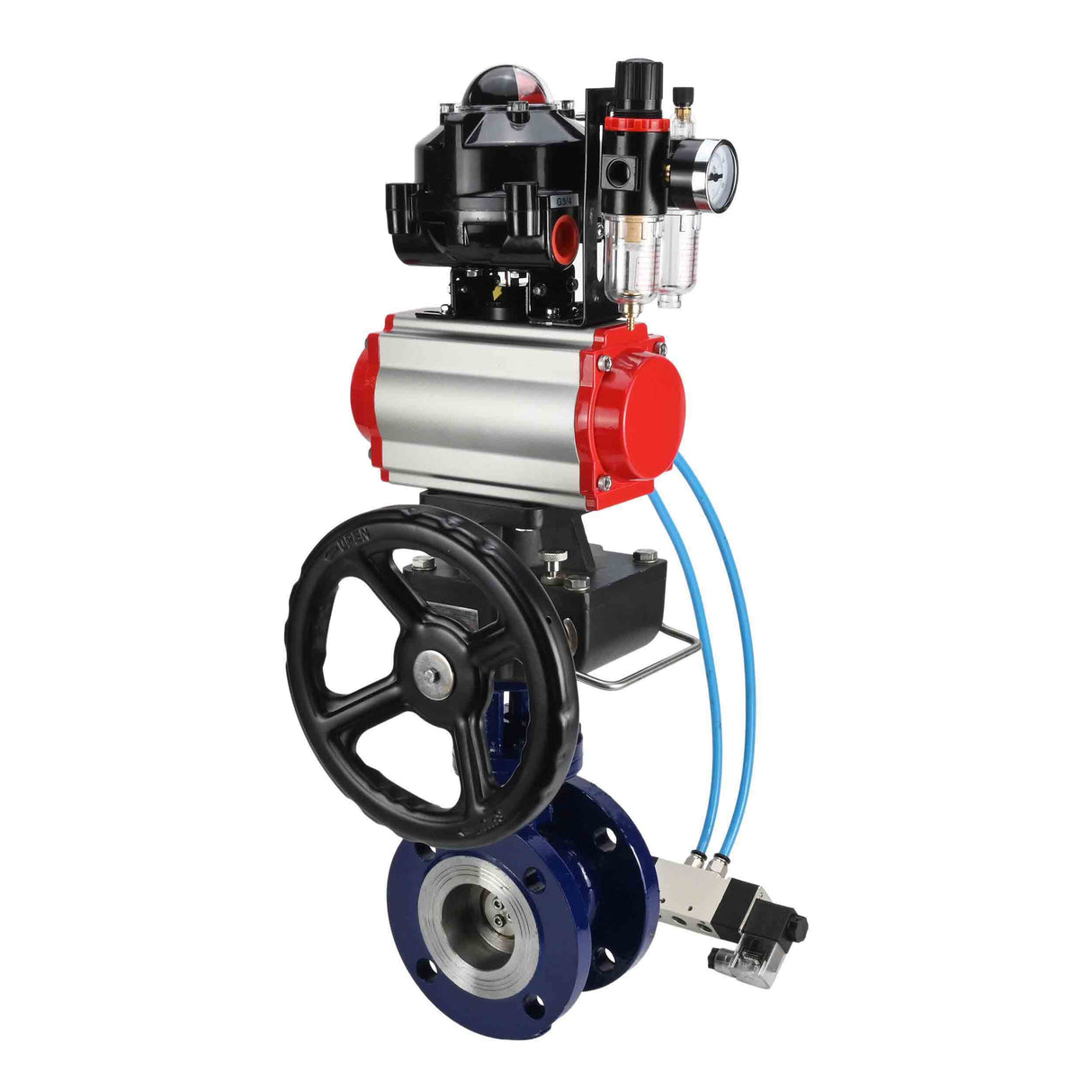 Vanne papillon d'eau Elephant WBV3EX-3432M-1W-F-ISO, matériau du corps - Acier au carbone, matériau du disque - Acier inoxydable AISI 316, joint - Métal, actionneur pneumatique PA-DA double action, 4V320-08 220V, BKV APL-510N EX, volant MON, BPV AFC2000