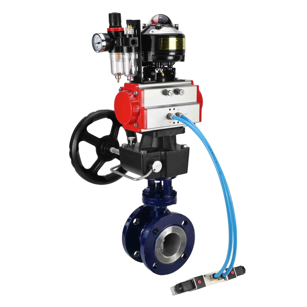 Vanne papillon d'eau Elephant WBV3EX-3432M-1W-F-ISO, matériau du corps - Acier au carbone, matériau du disque - Acier inoxydable AISI 316, joint - Métal, actionneur pneumatique PA-DA double action, 4V320-10 220V, BKV APL-510N EX, volant MON, BPV AFC2000