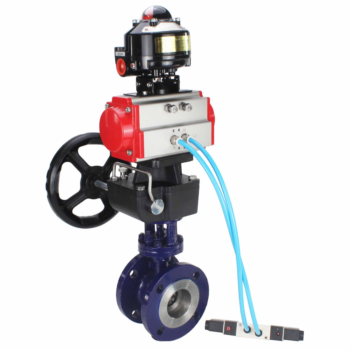 Vanne papillon d'eau Elephant WBV3EX-3432M-1W-F-ISO, matériau du corps - Acier au carbone, matériau du disque - Acier inoxydable AISI 316, joint - Métal, actionneur pneumatique PA-DA double action, 4V320-08 220V, BKV APL-510N EX, volant MON