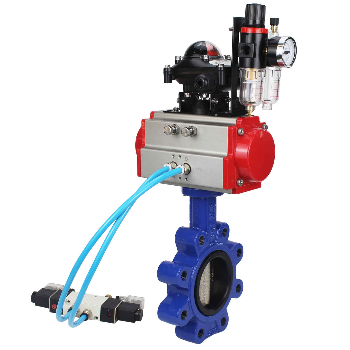 Vanne papillon d'eau Elephant WBV1616E-2W-Fb-H, matériau du corps - fonte QT450, matériau du disque - fonte QT450, joint - EPDM, actionneur pneumatique PA-DA double action, 4V320-08 220V, BKV APL-210N BPV AFC2000