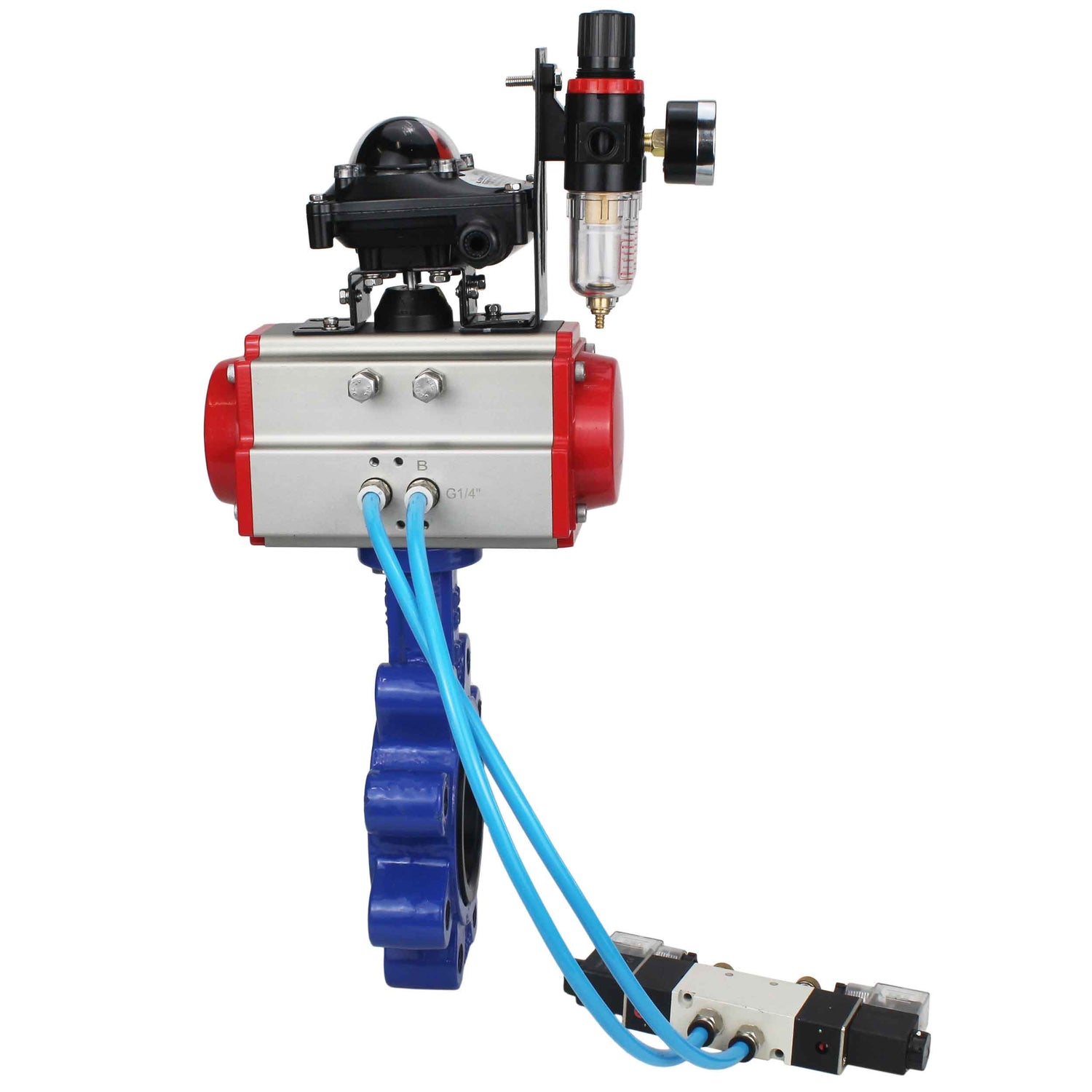 Vanne papillon d'eau Elephant WBV1616N-2W-Fb-H, matériau du corps - fonte QT450, matériau du disque - fonte QT450, joint - NBR, actionneur pneumatique PA-DA double action, 4V320-08 220V, BKV APL-210N BPV AFC2000