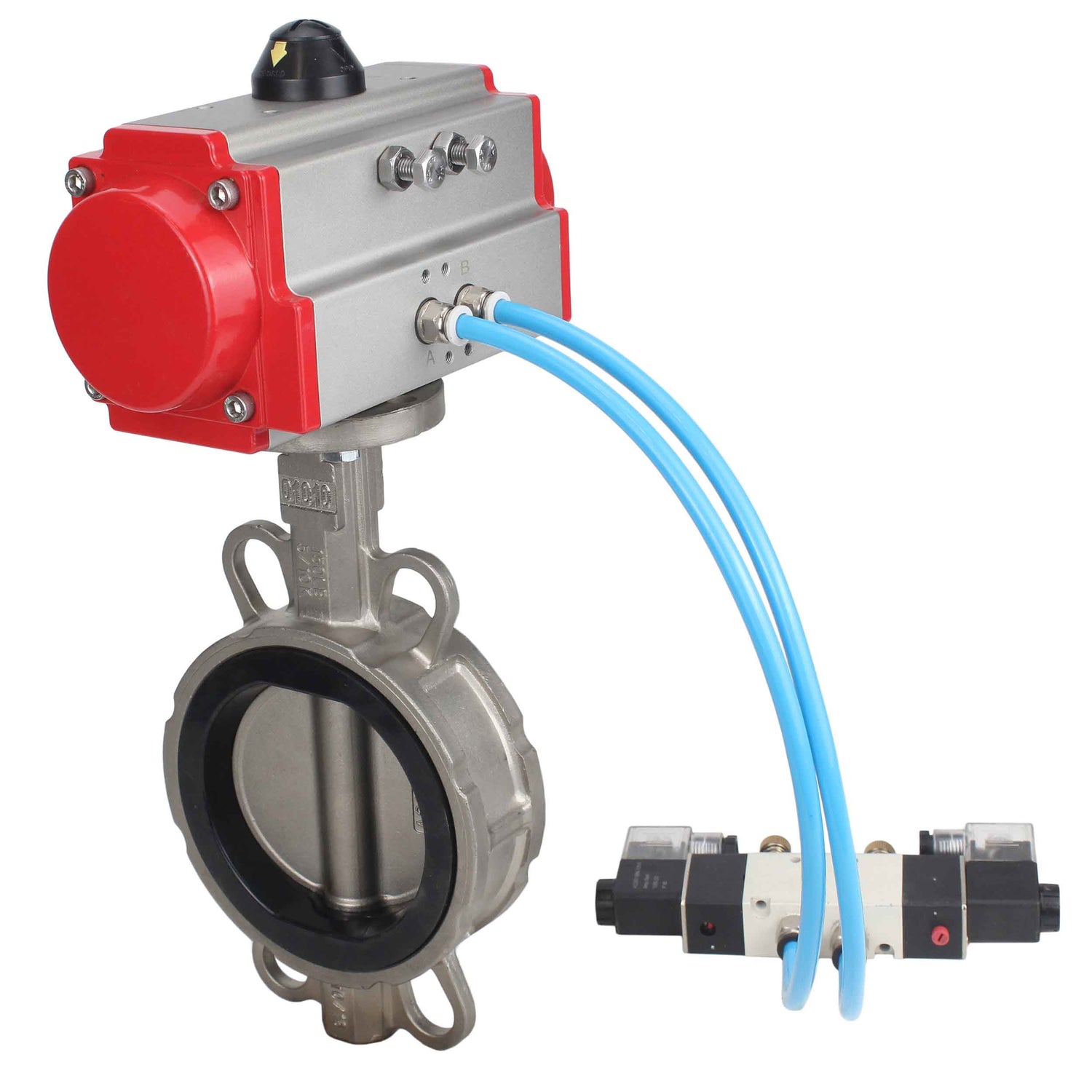 Vanne papillon d'eau Elephant WBV3131N-2W-Fb-H, matériau du corps - Acier inoxydable AISI 304, matériau du disque - Acier inoxydable AISI 304, joint - NBR, actionneur pneumatique PA-SA avec ressorts de rappel, 4V320-10 220V
