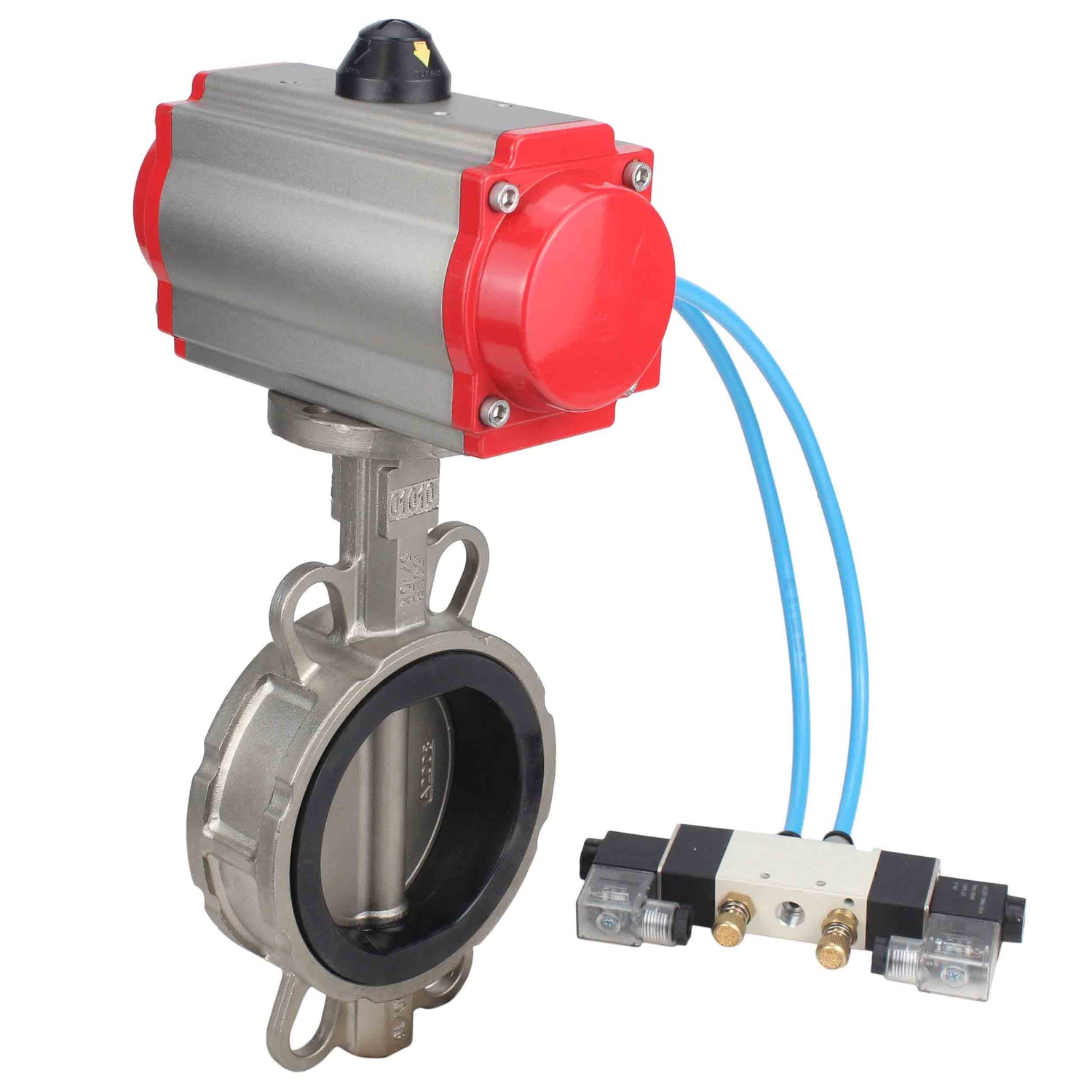 Vanne papillon d'eau Elephant WBV3131V-2W-Fb-H, matériau du corps - Acier inoxydable AISI 304, matériau du disque - Acier inoxydable AISI 304, joint - Viton, actionneur pneumatique PA-SA avec ressorts de rappel, 4V320-08 220V