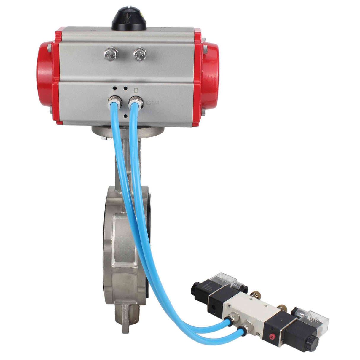 Vanne papillon d'eau Elephant WBV3131N-2W-Fb-H, matériau du corps - Acier inoxydable AISI 304, matériau du disque - Acier inoxydable AISI 304, joint - NBR, actionneur pneumatique PA-DA double action, 4V320-10 220V